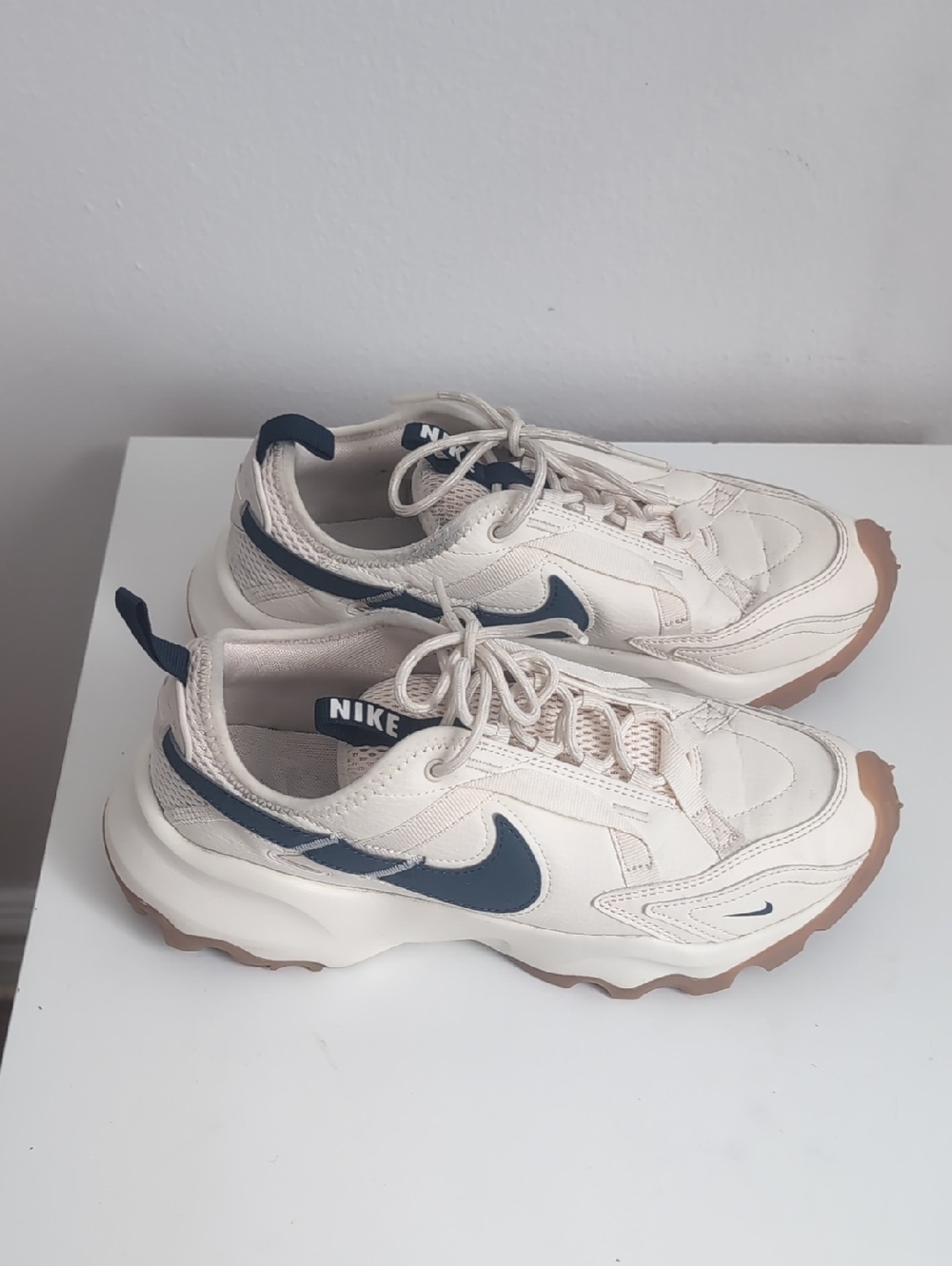 Women Nike Cream Sneakers with Navy Swoosh and Gum Outsole